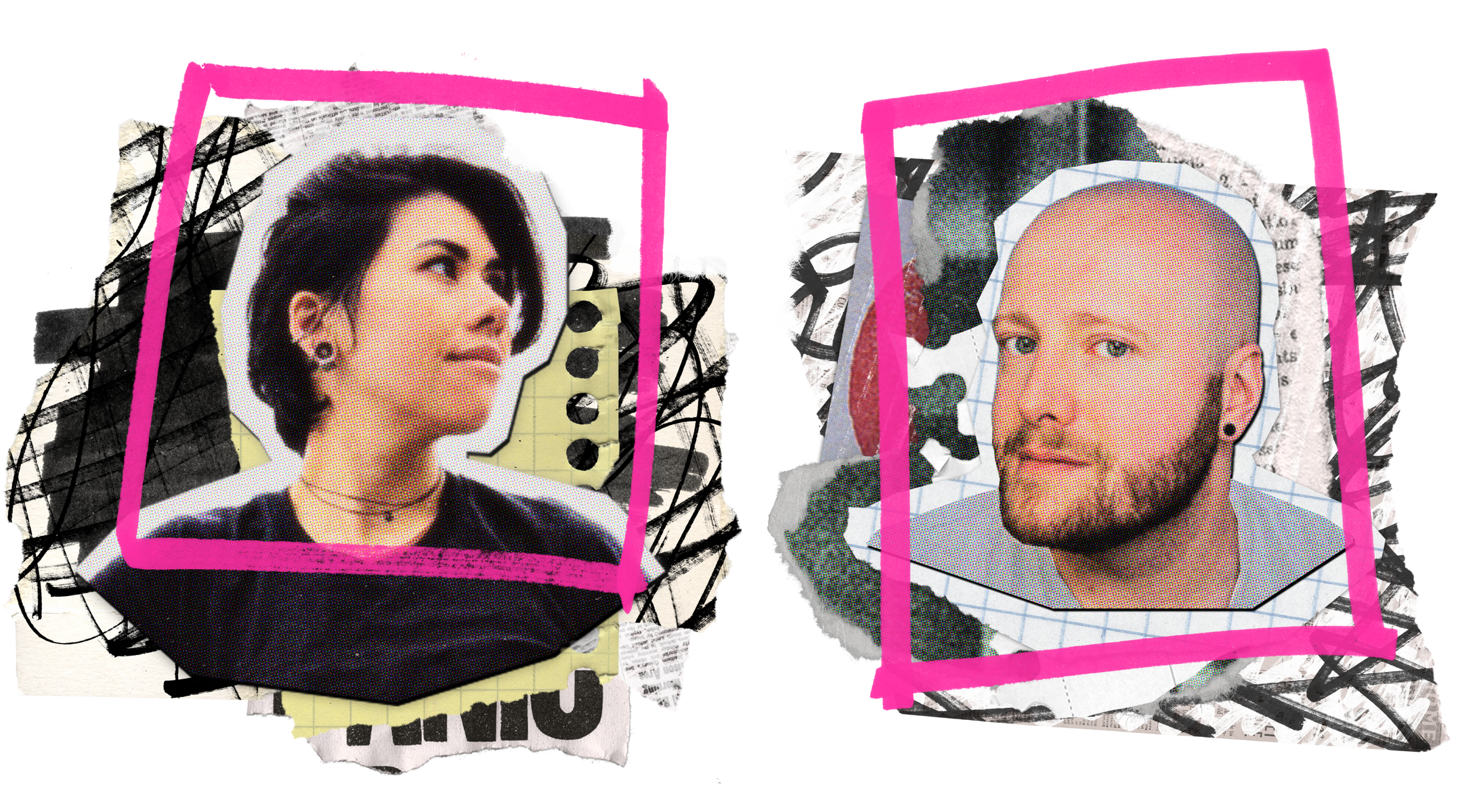 Unorthodox headshots in the style of a mixed-media punk zine. Ellie looks towards the far horizon, while Eóin looks to the viewer.