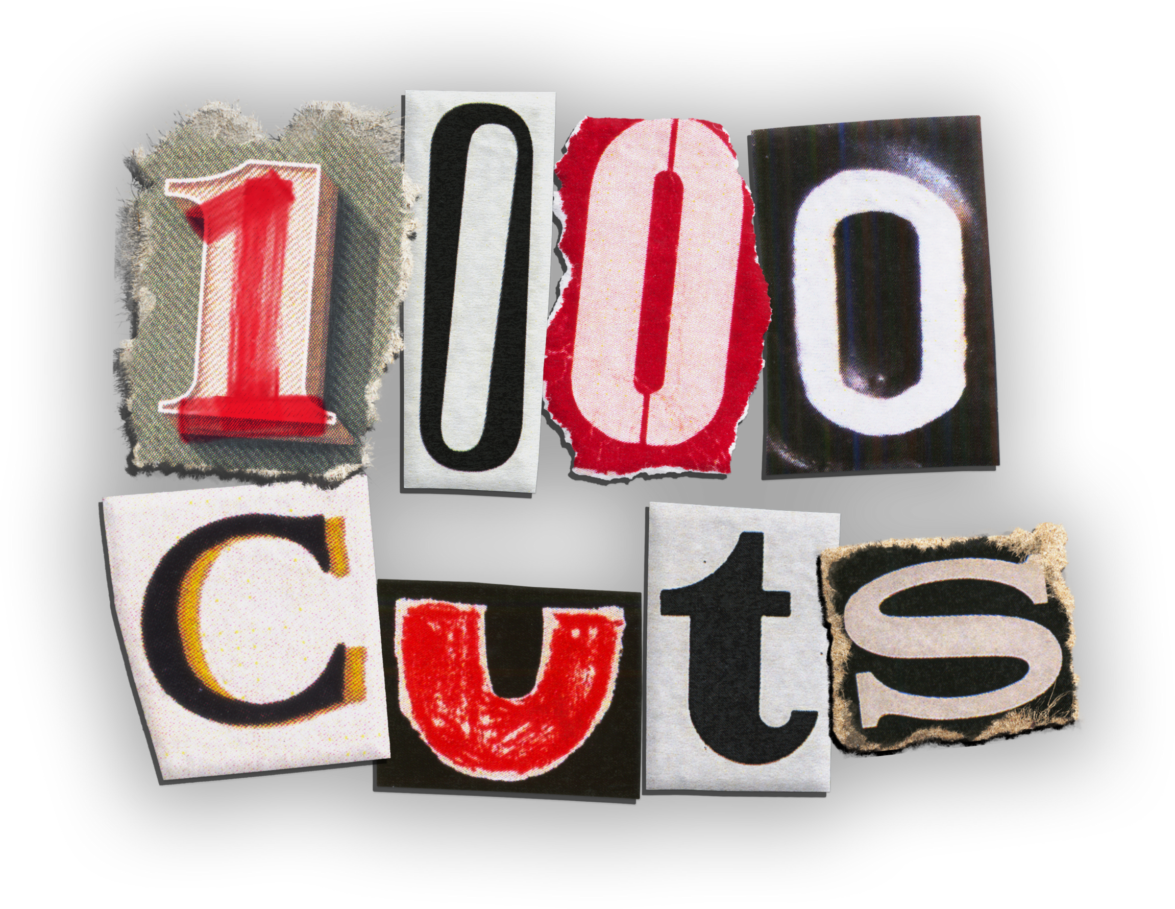 The title is spelled out in letters cut from old magazines. Behind the letters, black marker lines fan out in all directions. The shape resembles the blast marks of firecrackers on pavement.